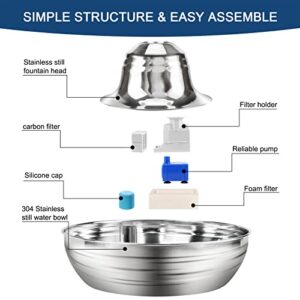 OPOLEMIN Stainless Steel Cat Water Fountain with 8 Replacement Filters, 67oz/2L Cat Water Dispenser Easy Assemble& Clean, Pet Water Fountain for Small Cats Dogs Inside (with Power Adapter)