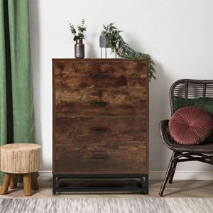 mellcom chest of drawers, industrial tall dresser with 4 drawers,wood storage cabinet with sturdy metal frame, organizer unit for bedroom, living room, hallway, dark brown