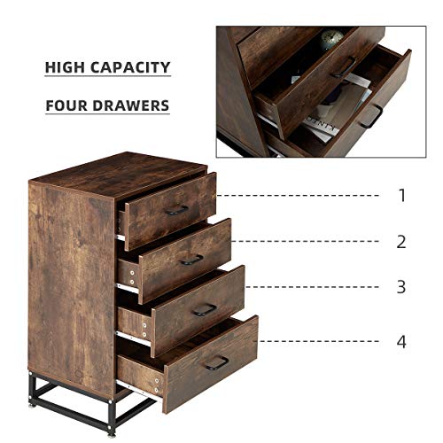 MELLCOM Chest of Drawers, Industrial Tall Dresser with 4 Drawers,Wood Storage Cabinet with Sturdy Metal Frame, Organizer Unit for Bedroom, Living Room, Hallway, Dark Brown