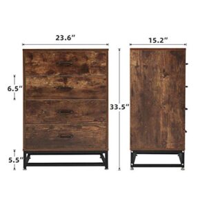 MELLCOM Chest of Drawers, Industrial Tall Dresser with 4 Drawers,Wood Storage Cabinet with Sturdy Metal Frame, Organizer Unit for Bedroom, Living Room, Hallway, Dark Brown