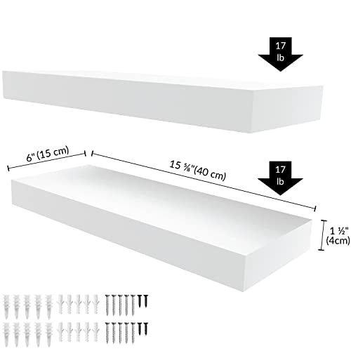 Ballucci 16" Floating Shelves Set, 2-Pack Wood Wall Mounted Ledges with Invisible Brackets for Living Room, Bedroom, Bathroom, Kitchen, Nursery, 6" Deep - White