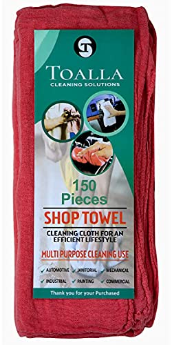 TOALLA Cotton Shop Towels Red – (Pack of 150) Size 14x14 Inches Cleaning Rags – Absorbent Shop Rags and Multipurpose Cleaning Towels for Automobiles, Industries, Garage and Homes