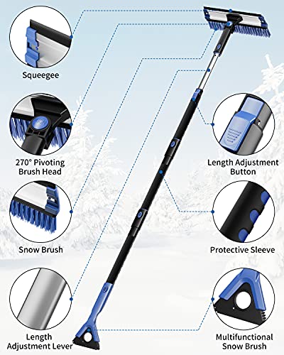 JOYTUTUS 61.3″ Ice Scraper and Long Handle Snow Brush, 270° Pivoting Extendable Snow Scraper Brush for Car Windshield, Telescoping Ice Scraper Foam Grip, Snow Remover for Cars, Trucks, SUV (Xmas Bag)