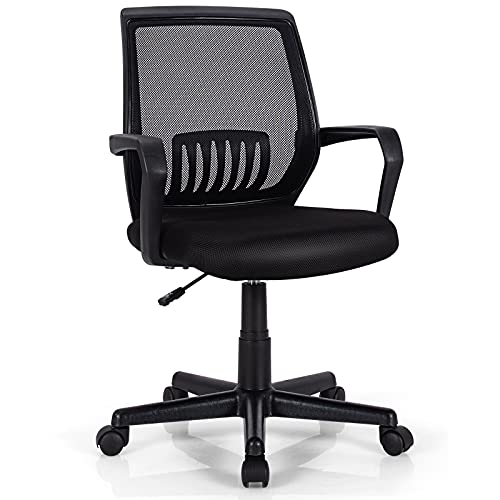 Giantex Mesh Office Chair, Mid Back Computer Desk Chair, Ergonomic Executive Chair, Lumbar Support Cushioned Seat, Rolling Swivel Armchair, Adjustable Height, Home Office Task Chair (1)