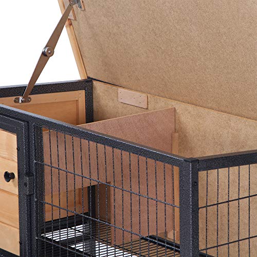 PawHut Rabbit Hutch Elevated Bunny Cage Small Animal Habitat with Metal Frame, No Leak Tray, Mtetal Wire Pan and Openable Water-Resistant Asphalt Roof for Indoor/Outdoor Natural Wood