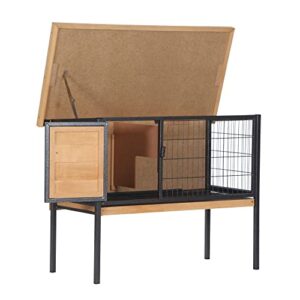 PawHut Rabbit Hutch Elevated Bunny Cage Small Animal Habitat with Metal Frame, No Leak Tray, Mtetal Wire Pan and Openable Water-Resistant Asphalt Roof for Indoor/Outdoor Natural Wood