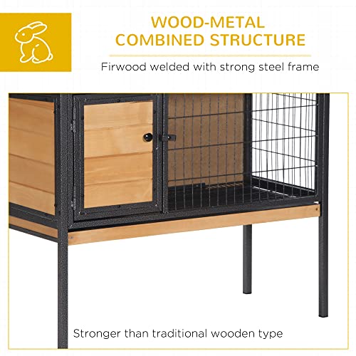 PawHut Rabbit Hutch Elevated Bunny Cage Small Animal Habitat with Metal Frame, No Leak Tray, Mtetal Wire Pan and Openable Water-Resistant Asphalt Roof for Indoor/Outdoor Natural Wood