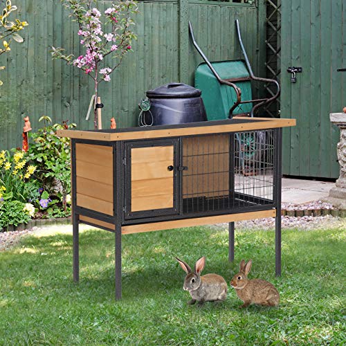 PawHut Rabbit Hutch Elevated Bunny Cage Small Animal Habitat with Metal Frame, No Leak Tray, Mtetal Wire Pan and Openable Water-Resistant Asphalt Roof for Indoor/Outdoor Natural Wood