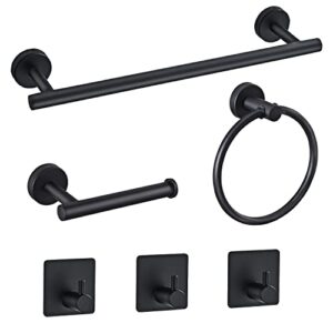 starknows 6 pcs bathroom hardware set, matte black stainless steel bathroom accessories towel rack set round wall mounted, include 16inch towel bar, toilet paper holder, towel ring, 3 robe towel hooks