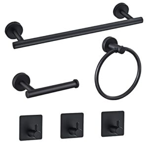 Starknows 6 PCS Bathroom Hardware Set, Matte Black Stainless Steel Bathroom Accessories Towel Rack Set Round Wall Mounted, Include 16inch Towel Bar, Toilet Paper Holder, Towel Ring, 3 Robe Towel Hooks