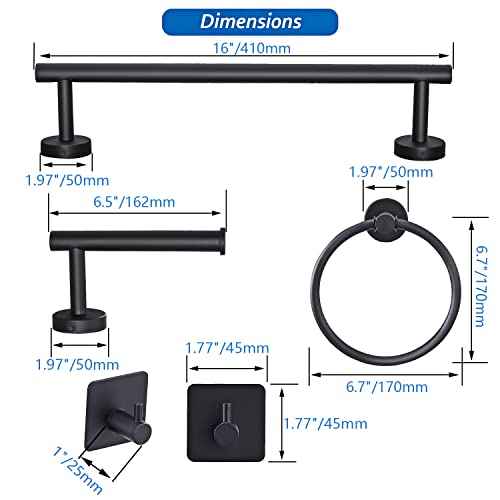 Starknows 6 PCS Bathroom Hardware Set, Matte Black Stainless Steel Bathroom Accessories Towel Rack Set Round Wall Mounted, Include 16inch Towel Bar, Toilet Paper Holder, Towel Ring, 3 Robe Towel Hooks