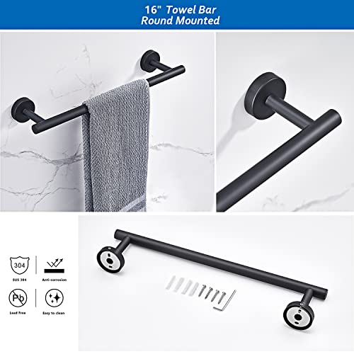 Starknows 6 PCS Bathroom Hardware Set, Matte Black Stainless Steel Bathroom Accessories Towel Rack Set Round Wall Mounted, Include 16inch Towel Bar, Toilet Paper Holder, Towel Ring, 3 Robe Towel Hooks