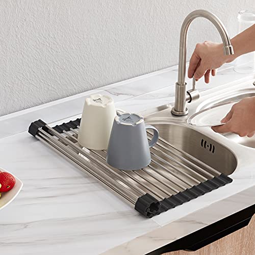 LIMNUO Roll Up Dish Drying Rack, SUS304 Over The Sink Roll-Up Dish Drying Rack Kitchen (16.5''(W) 13.2''(L), Black)