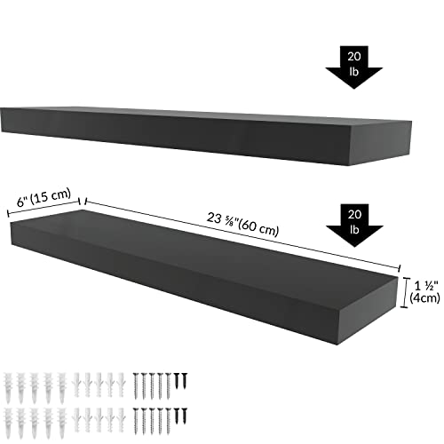 Ballucci Floating Book Shelves, 2-Pack 24" Wood Wall Mount Ledges with Invisible Brackets for Living Room, Bedroom, Bathroom, Kitchen, Nursery, 6" Deep - Black