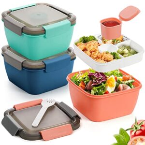 youeon 3 pack salad lunch container to go with 3 compartment tray, 52 oz bento lunch box with spoon, dressing cup, portable salad container for lunch, salad toppings, snacks, fruit, three colors