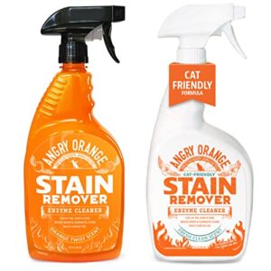 angry orange pet carpet cleaner - 2 pack - dog, ferret, rabbit & cat urine enzyme cleaner - pet odor eliminator for home - strong enzymatic stain remover for pee on rug, tile, hardwood floor