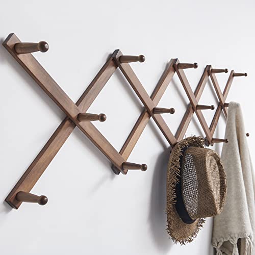 SKOLOO Accordion Wall Hanger, Modern Expandable Coat Rack Wall Mounted, Solid Wooden Wall Hat Rack, 14 Peg, Walnut