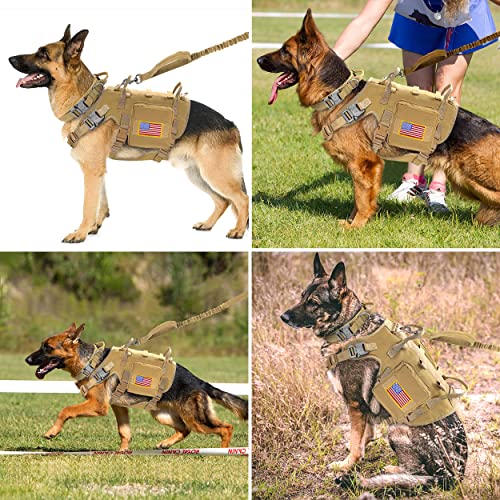 Forestpaw Tactical Dog Vest Harness and Easy Control Training Dog Collar with Bungee Dog Leash Set No Pull Military Dog Harness with Backpack for Medium Large Dogs-Coyote Brown L