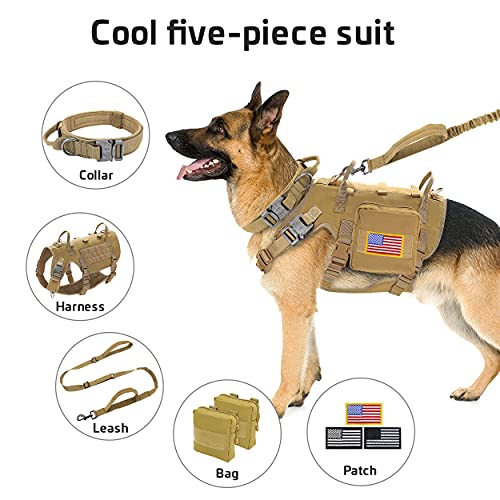 Forestpaw Tactical Dog Vest Harness and Easy Control Training Dog Collar with Bungee Dog Leash Set No Pull Military Dog Harness with Backpack for Medium Large Dogs-Coyote Brown L