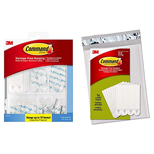 Command Clear Variety Kit, Hooks and Strips to Hang Up to 19 Items, Organize Damage-Free & Large Picture Hanging Strips Heavy Duty, White, Holds up to 16 lbs, 14-Pairs, Easy to Open Packaging