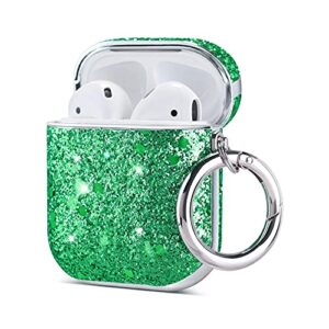 imguardz airpods case for women girls, luxury bling case for airpods 2nd generation, glittery leather hard protective cover with keychain compatible with apple airpods 2 & 1 (front led visible), green