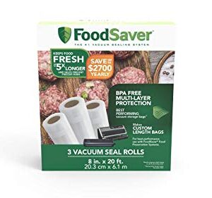 FoodSaver 8" x 20' Vacuum Seal Roll, 3-Pack & 1-Quart Precut Vacuum Seal Bags with BPA-Free Multilayer Construction for Food Preservation, 44 Count