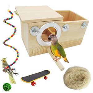 kathson parrot nest breeding box, wood bird nest for cage, parakeet nesting box with perches pet house natural coconut fiber bird toys for parakeet cockatoo budgie cockatiel lovebirds (large)