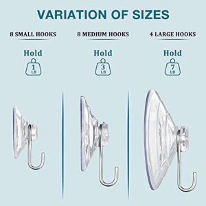 20 Pieces Clear Suction Cups for Glass, Window Suction Cups with Stainless Steel Hook Reusable Heavy Duty Suction Cup Hangers Strong Kitchen Bathroom Hooks for Towel Glass Window Mirror Door Table