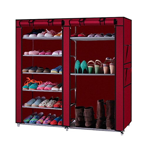 27-Pairs Portable Boot Rack, Double Row Shoe Rack Covered with Nonwoven Fabric,Space Saving Closet Shoe Cabinet Tower (Wine Red)