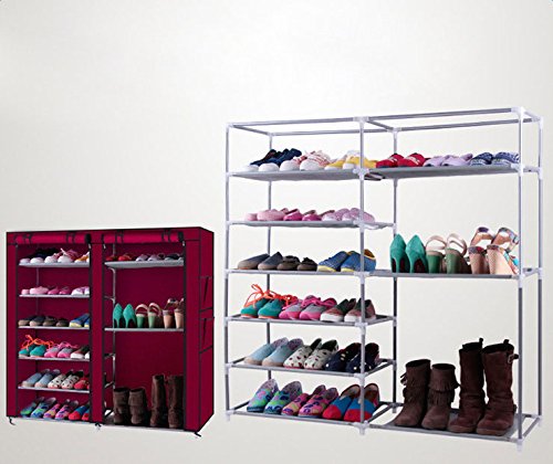 27-Pairs Portable Boot Rack, Double Row Shoe Rack Covered with Nonwoven Fabric,Space Saving Closet Shoe Cabinet Tower (Wine Red)