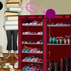 27-Pairs Portable Boot Rack, Double Row Shoe Rack Covered with Nonwoven Fabric,Space Saving Closet Shoe Cabinet Tower (Wine Red)