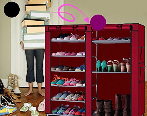 27-Pairs Portable Boot Rack, Double Row Shoe Rack Covered with Nonwoven Fabric,Space Saving Closet Shoe Cabinet Tower (Wine Red)