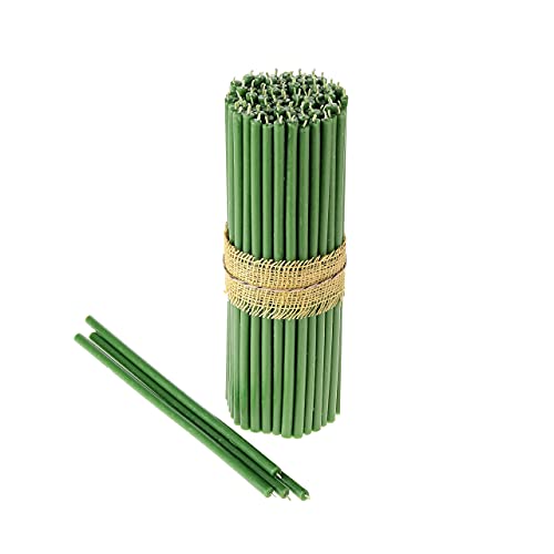 Danilovo Pure Beeswax Candles - No-Drip, Smoke-Less, Tall, Thin Taper Candles – Decorative Candles for Church Prayer, Decor or Birthday Candles – Honey Scented Candles – 6.4”x0.22” (Green, 50pcs)