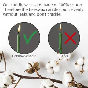 Danilovo Pure Beeswax Candles - No-Drip, Smoke-Less, Tall, Thin Taper Candles – Decorative Candles for Church Prayer, Decor or Birthday Candles – Honey Scented Candles – 6.4”x0.22” (Green, 50pcs)