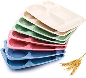 wuweot 8 pack divided food plates, 13.5" wheat straw tray, 5-compartment unbreakable fast food tray, microwave dishwasher safe, bpa free, lightweight