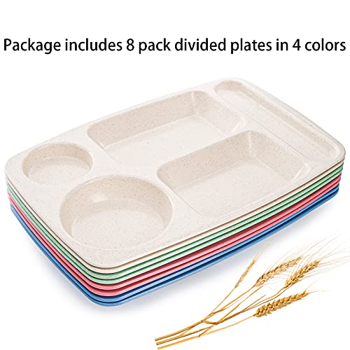 WUWEOT 8 Pack Divided Food Plates, 13.5" Wheat Straw Tray, 5-Compartment Unbreakable Fast Food Tray, Microwave Dishwasher Safe, BPA Free, Lightweight