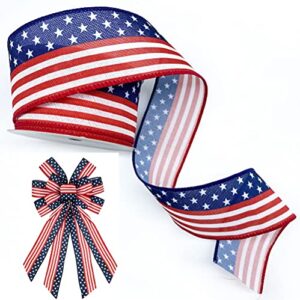 hying 4th of july patriotic ribbons 2.5" x 10 yards, american flag wired edge ribbons stars stripes ribbons blue red burlap ribbon memorial day ribbons bow for wreath gift wrapping decorations