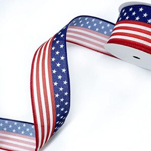 Hying 4th of July Patriotic Ribbons 2.5" X 10 Yards, American Flag Wired Edge Ribbons Stars Stripes Ribbons Blue Red Burlap Ribbon Memorial Day Ribbons Bow for Wreath Gift Wrapping Decorations