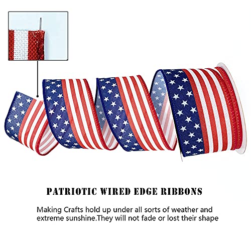 Hying 4th of July Patriotic Ribbons 2.5" X 10 Yards, American Flag Wired Edge Ribbons Stars Stripes Ribbons Blue Red Burlap Ribbon Memorial Day Ribbons Bow for Wreath Gift Wrapping Decorations