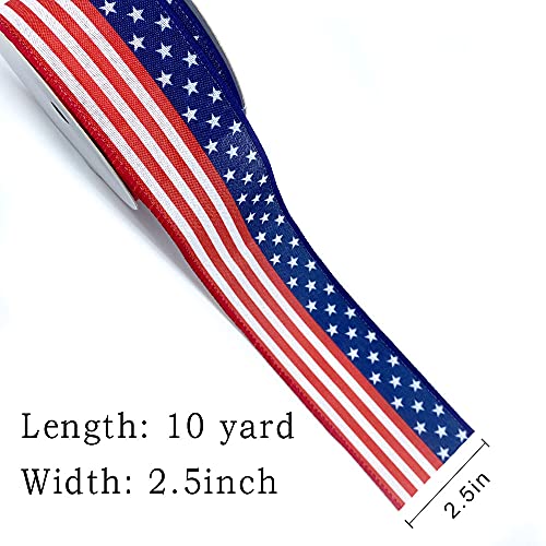 Hying 4th of July Patriotic Ribbons 2.5" X 10 Yards, American Flag Wired Edge Ribbons Stars Stripes Ribbons Blue Red Burlap Ribbon Memorial Day Ribbons Bow for Wreath Gift Wrapping Decorations