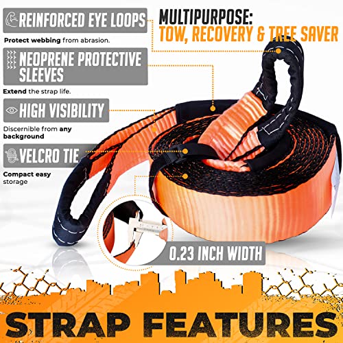 Vehiclex Off-Road Tow Recovery Kit 3" x 30' - 35000 lbs - Off Road Snatch Strap, High Visibility Industrial Grade Webbing, Protective Sleeves - 2 Heavy Duty D-Ring Shackles - Storage Bag