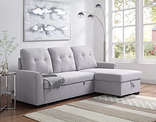 HABITRIO Sectional Sofa with Reversible Chaise, 92" Loveseat Sofa Couch with Pull-Out Bed and Storage Chaise Lounge, L-Shaped 3-Seat Light Grey Fabric Upholstered Sleeper Sofa for Living Room