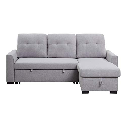 HABITRIO Sectional Sofa with Reversible Chaise, 92" Loveseat Sofa Couch with Pull-Out Bed and Storage Chaise Lounge, L-Shaped 3-Seat Light Grey Fabric Upholstered Sleeper Sofa for Living Room