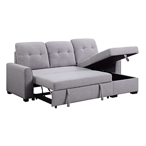 HABITRIO Sectional Sofa with Reversible Chaise, 92" Loveseat Sofa Couch with Pull-Out Bed and Storage Chaise Lounge, L-Shaped 3-Seat Light Grey Fabric Upholstered Sleeper Sofa for Living Room