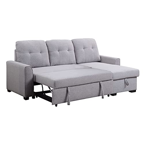 HABITRIO Sectional Sofa with Reversible Chaise, 92" Loveseat Sofa Couch with Pull-Out Bed and Storage Chaise Lounge, L-Shaped 3-Seat Light Grey Fabric Upholstered Sleeper Sofa for Living Room