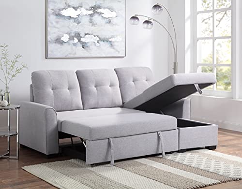 HABITRIO Sectional Sofa with Reversible Chaise, 92" Loveseat Sofa Couch with Pull-Out Bed and Storage Chaise Lounge, L-Shaped 3-Seat Light Grey Fabric Upholstered Sleeper Sofa for Living Room