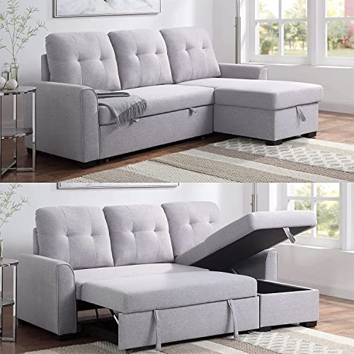 HABITRIO Sectional Sofa with Reversible Chaise, 92" Loveseat Sofa Couch with Pull-Out Bed and Storage Chaise Lounge, L-Shaped 3-Seat Light Grey Fabric Upholstered Sleeper Sofa for Living Room