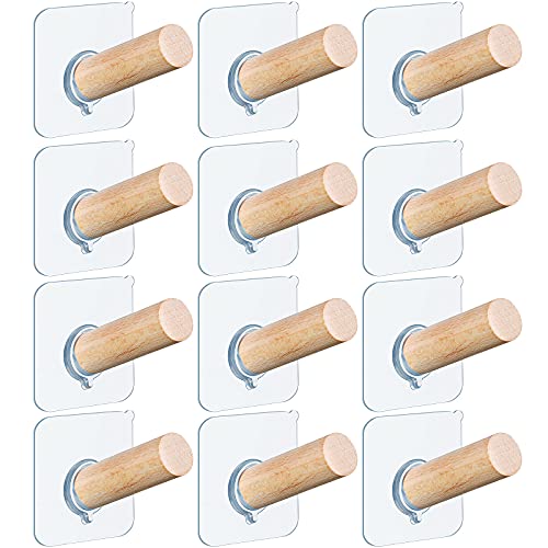 Jetec Hat Hooks for Wall Hat Hanger Hat Hooks Hat Pegs Adhesive Wood Hooks Self Adhesive Hooks Wooden Hat Rack Coat Hooks Wall Mounted Hook for Home School Office (12 Pcs, 6 cm/ 2.4 inch)