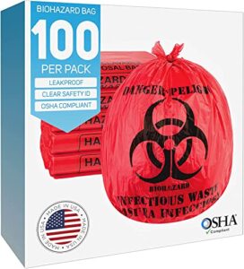 biohazard waste bags 10-gallon 24x24 red hazardous trash can liners – medical grade no leak bags - biohazard symbol for safe infectious waste disposal. great for lab containers, swabs, pads, gloves (100 pack)