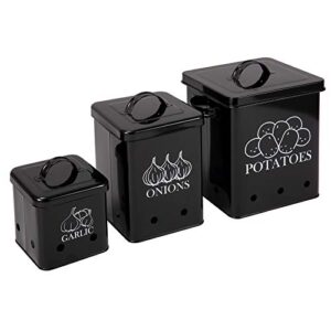 xbopetda food storage container for potato, onion and garlic, canister sets for kitchen counter, square vegeatable storage pots, kitchen storage jars with aerating tin storage holes & lid-black